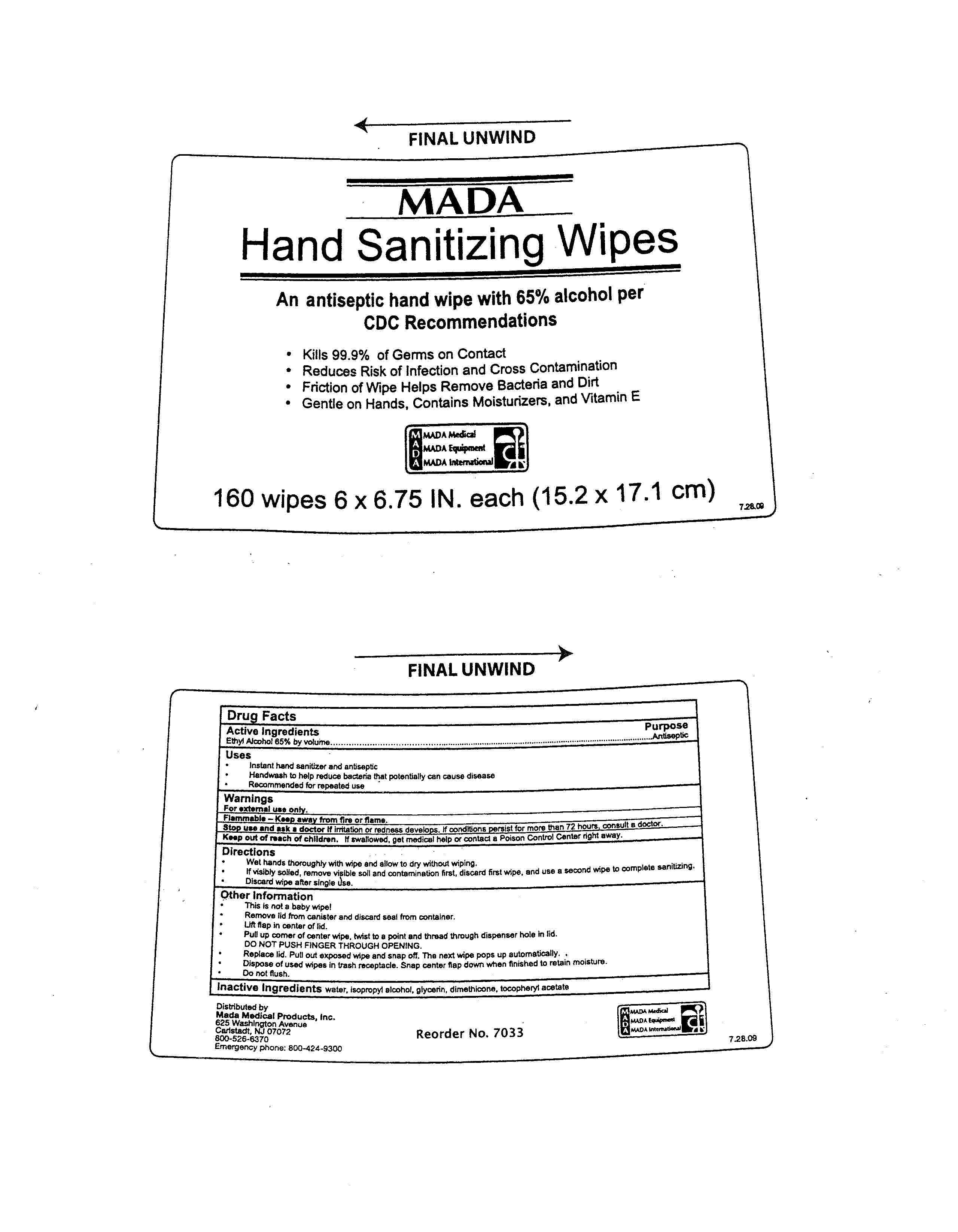 MADA Hand Sanitizing Wipes